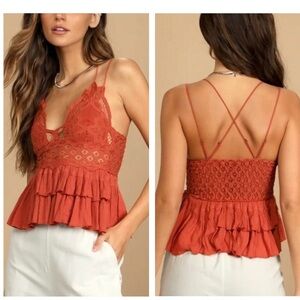 New Free People Adella orange Lace Smocked Blend Ruffle Layered Cami